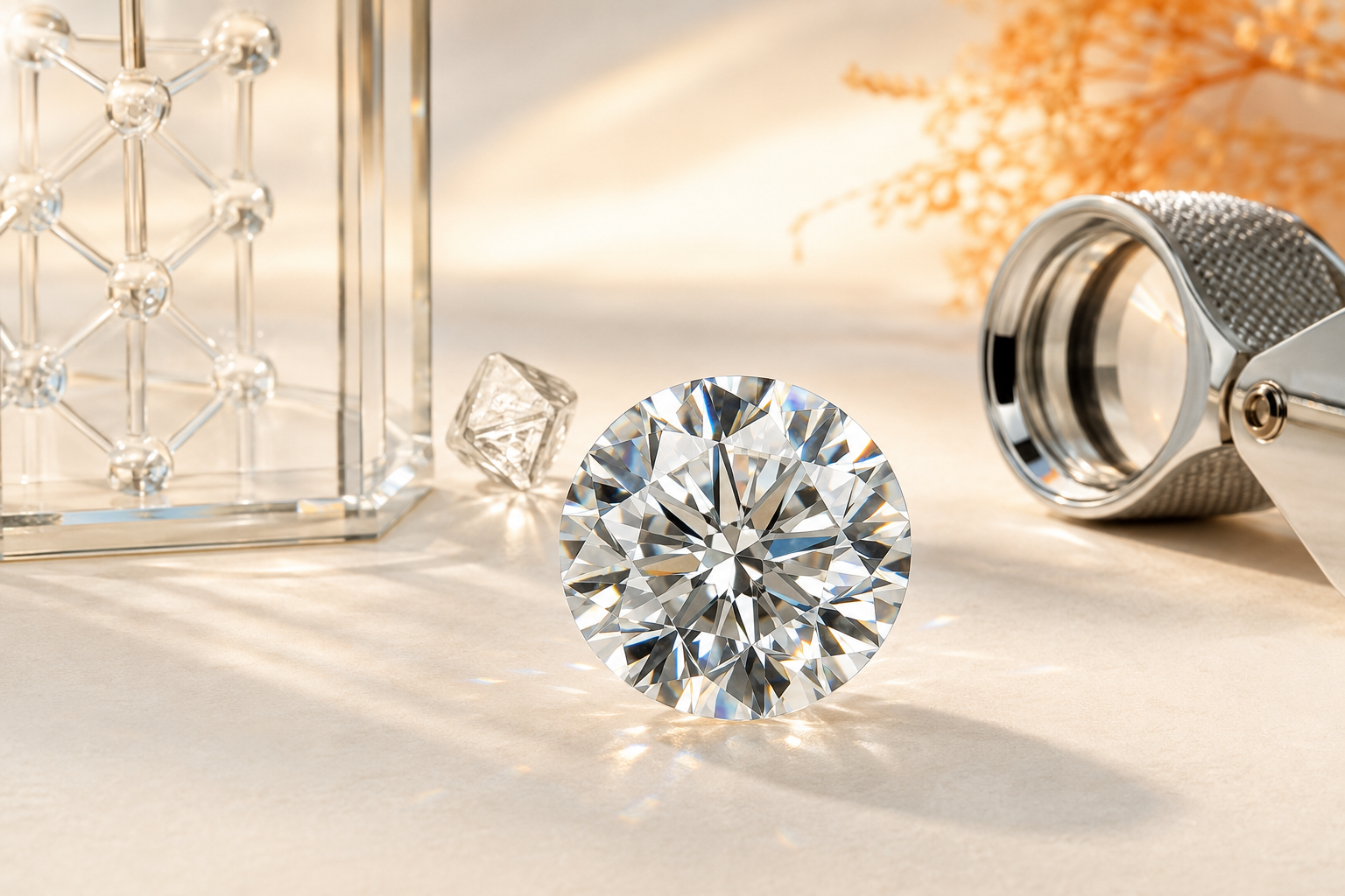 Lab-grown diamond displayed with a crystal structure and jeweller’s inspection loupe