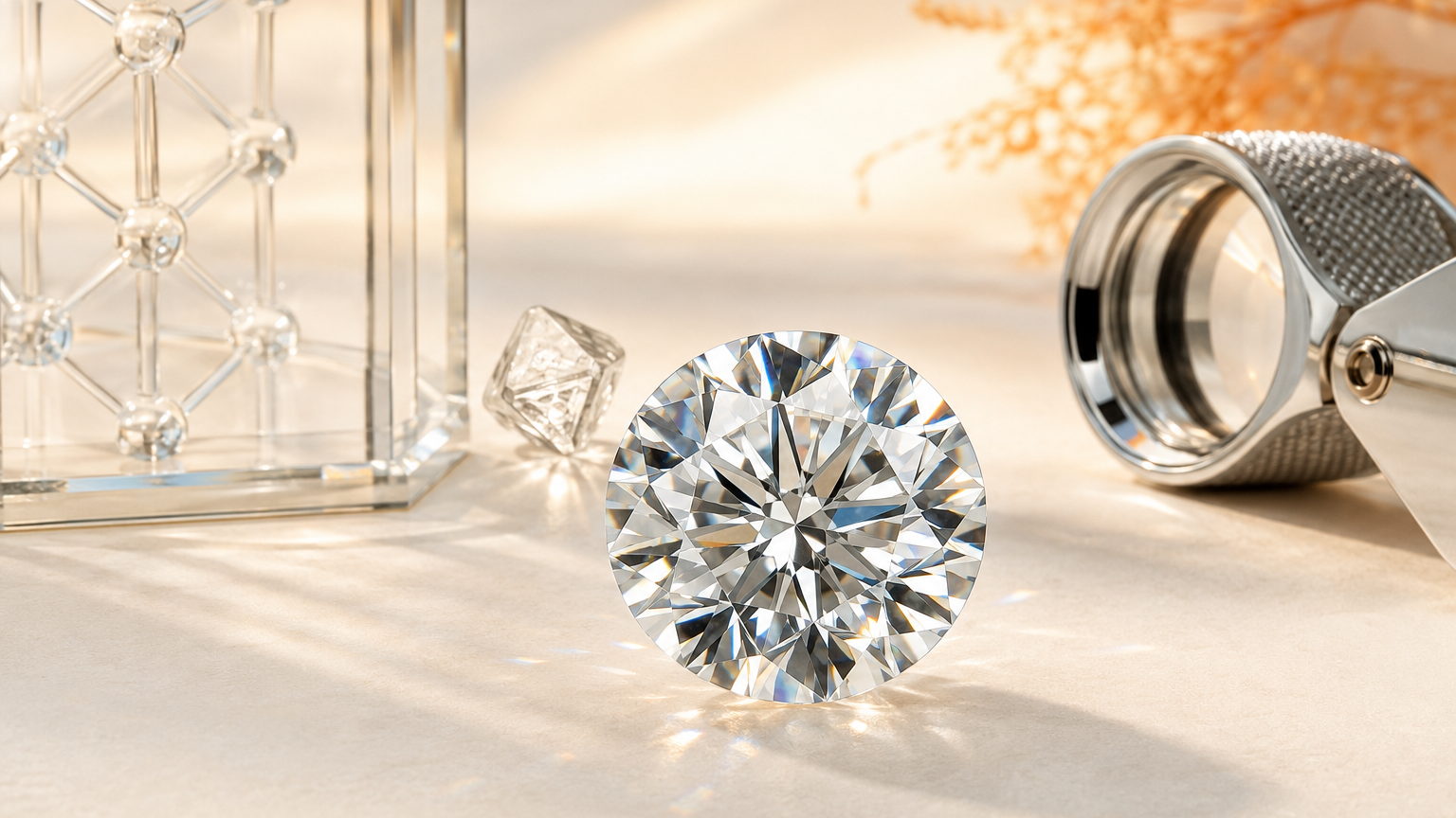 Lab-grown diamond displayed with a crystal structure and jeweller’s inspection loupe