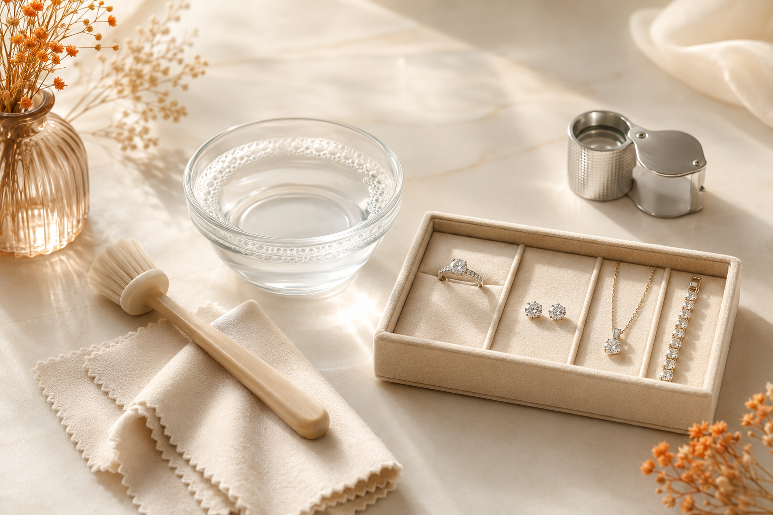 Gentle cleaning and care setup for lab-grown diamond jewellery
