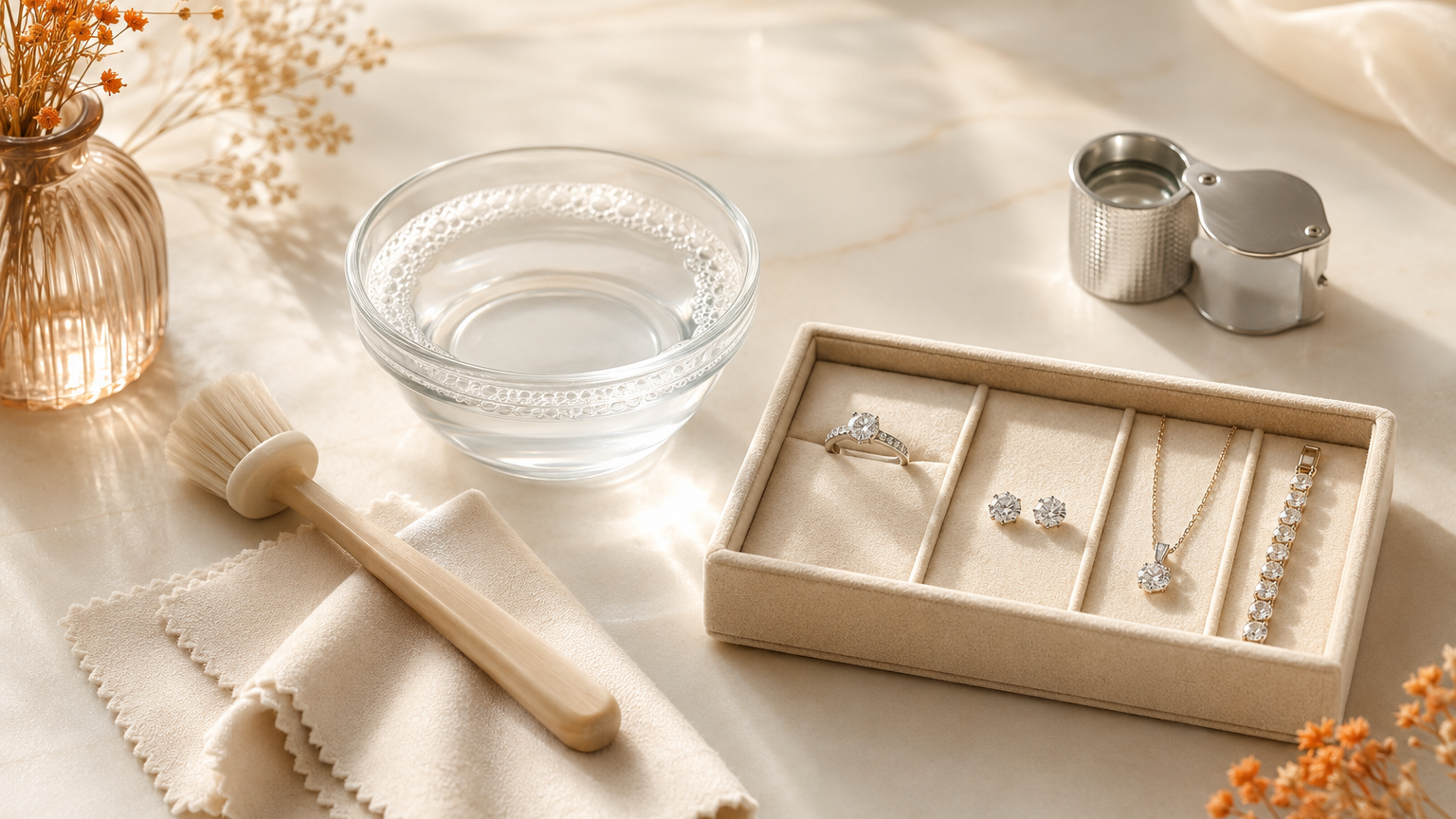 Gentle cleaning and care setup for lab-grown diamond jewellery