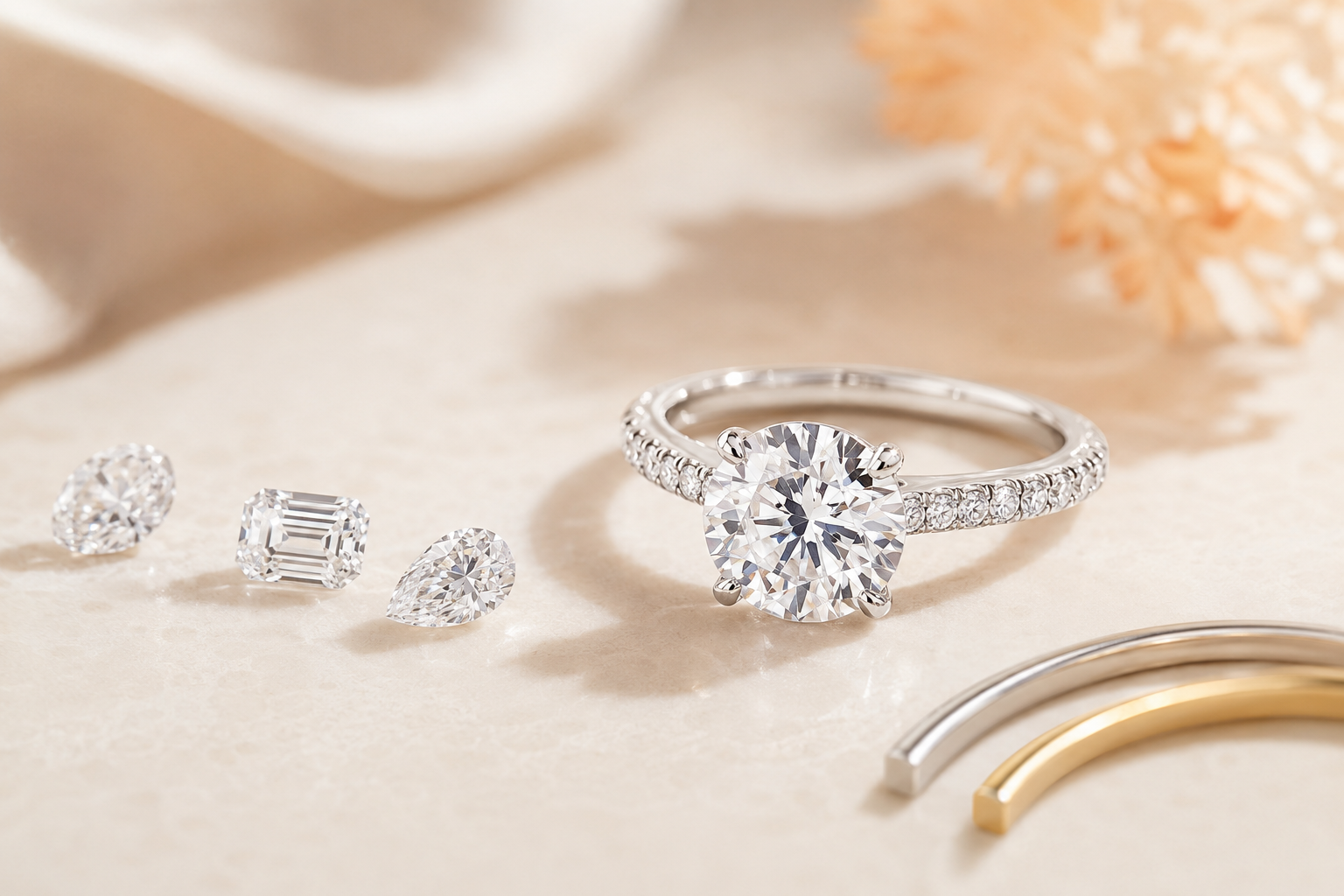 Lab-grown diamond engagement ring with different diamond shapes and metal options