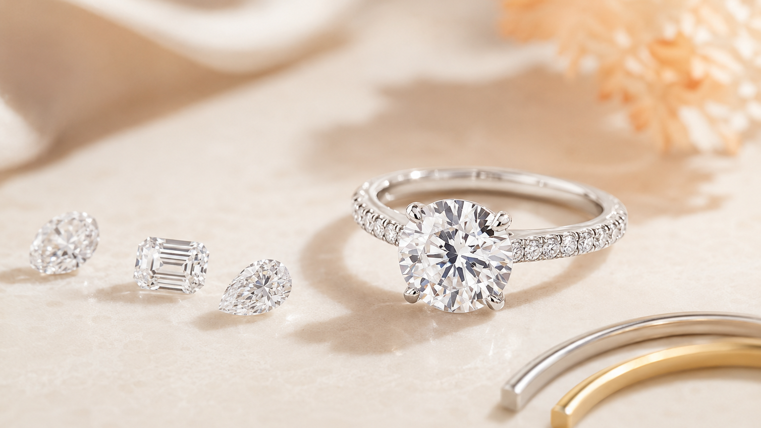 Lab-grown diamond engagement ring with different diamond shapes and metal options