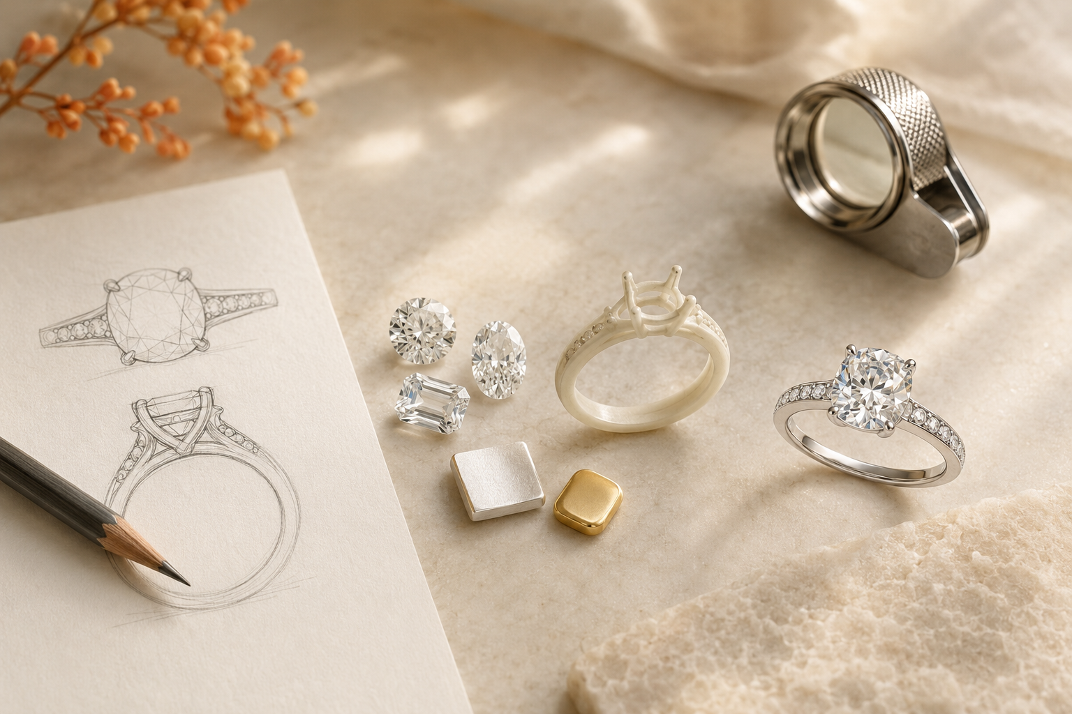 Custom lab-grown diamond jewellery process from sketch and stone selection to finished ring