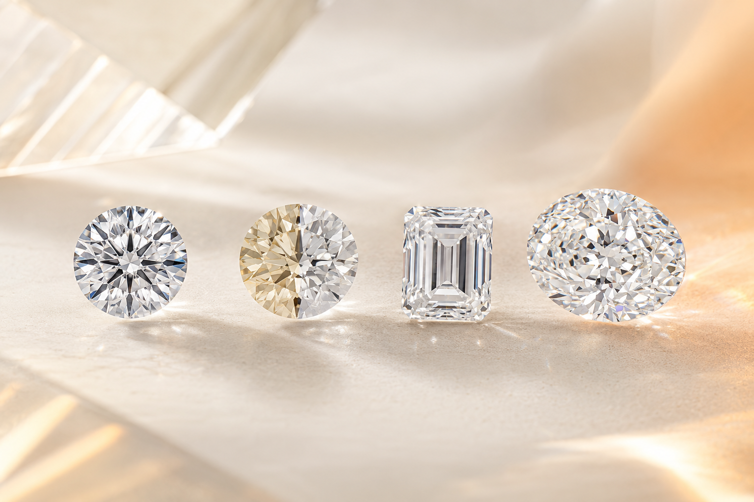 Four diamonds illustrating cut, colour, clarity and carat weight