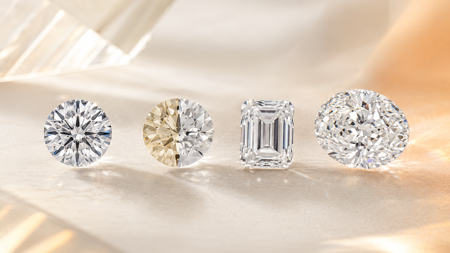 Four diamonds illustrating cut, colour, clarity and carat weight