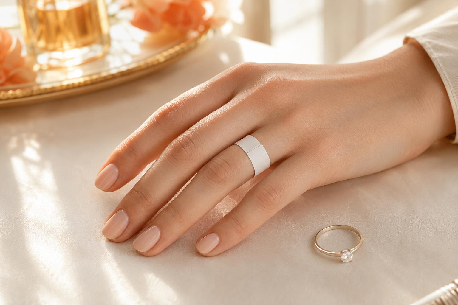 Measuring ring size at home with a paper strip around the ring finger