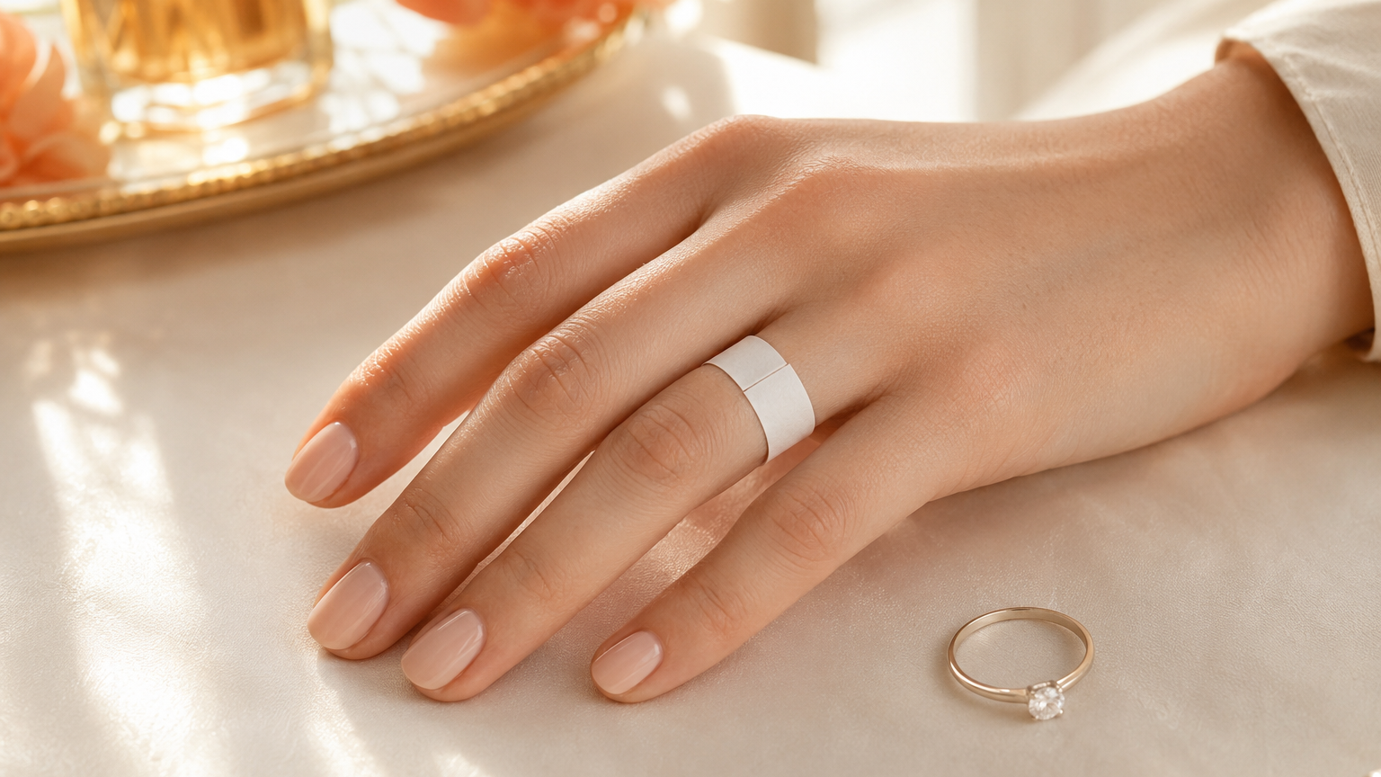 Measuring ring size at home with a paper strip around the ring finger