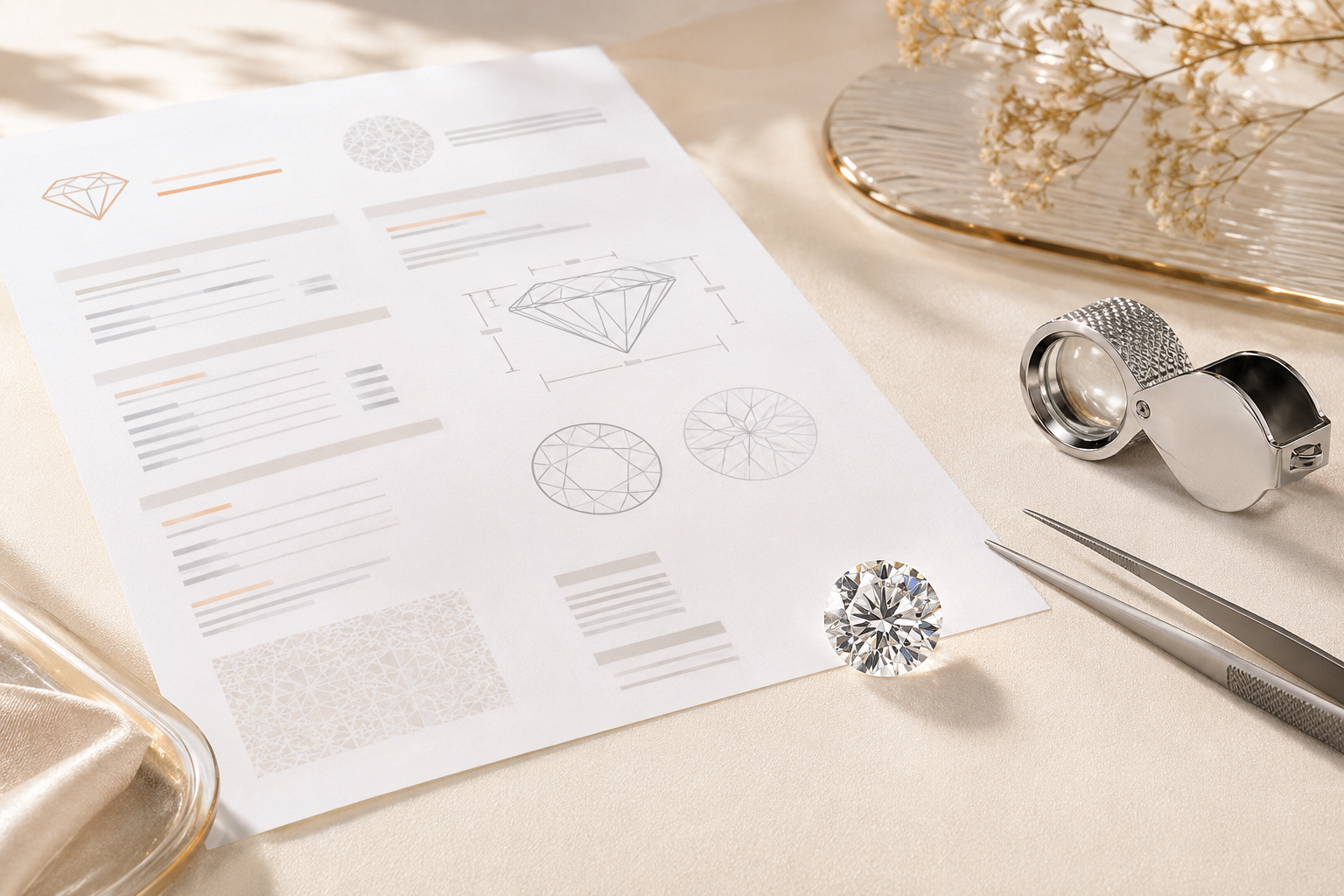 Diamond grading report with proportion diagrams, loose diamond, loupe and tweezers