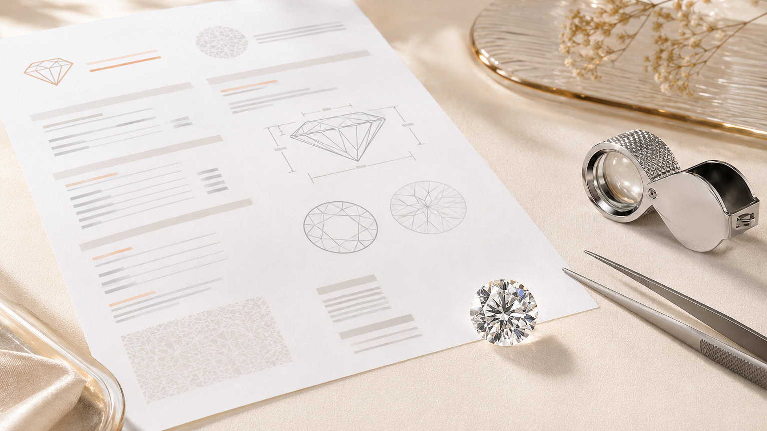 Diamond grading report with proportion diagrams, loose diamond, loupe and tweezers