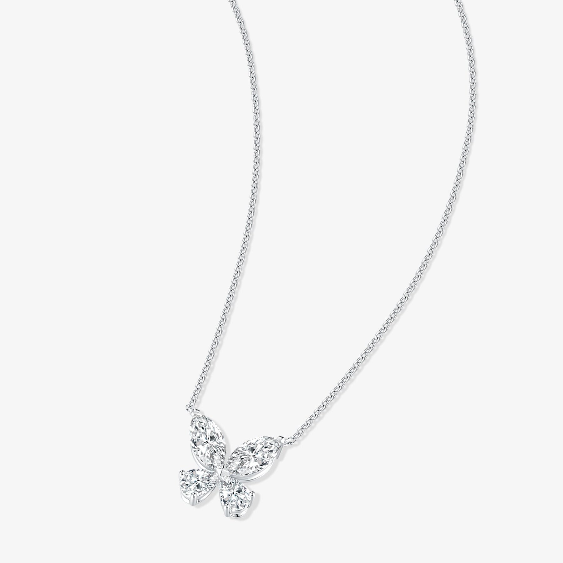 Full view of the Butterfly marquise lab-grown diamond pendant necklace with four marquise-cut diamonds
