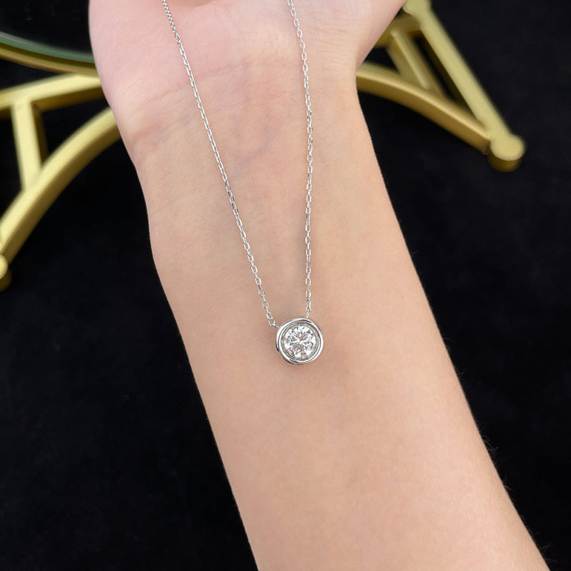 Close-up of the Classic Bezel lab-grown diamond pendant necklace with a round diamond bezel pendant