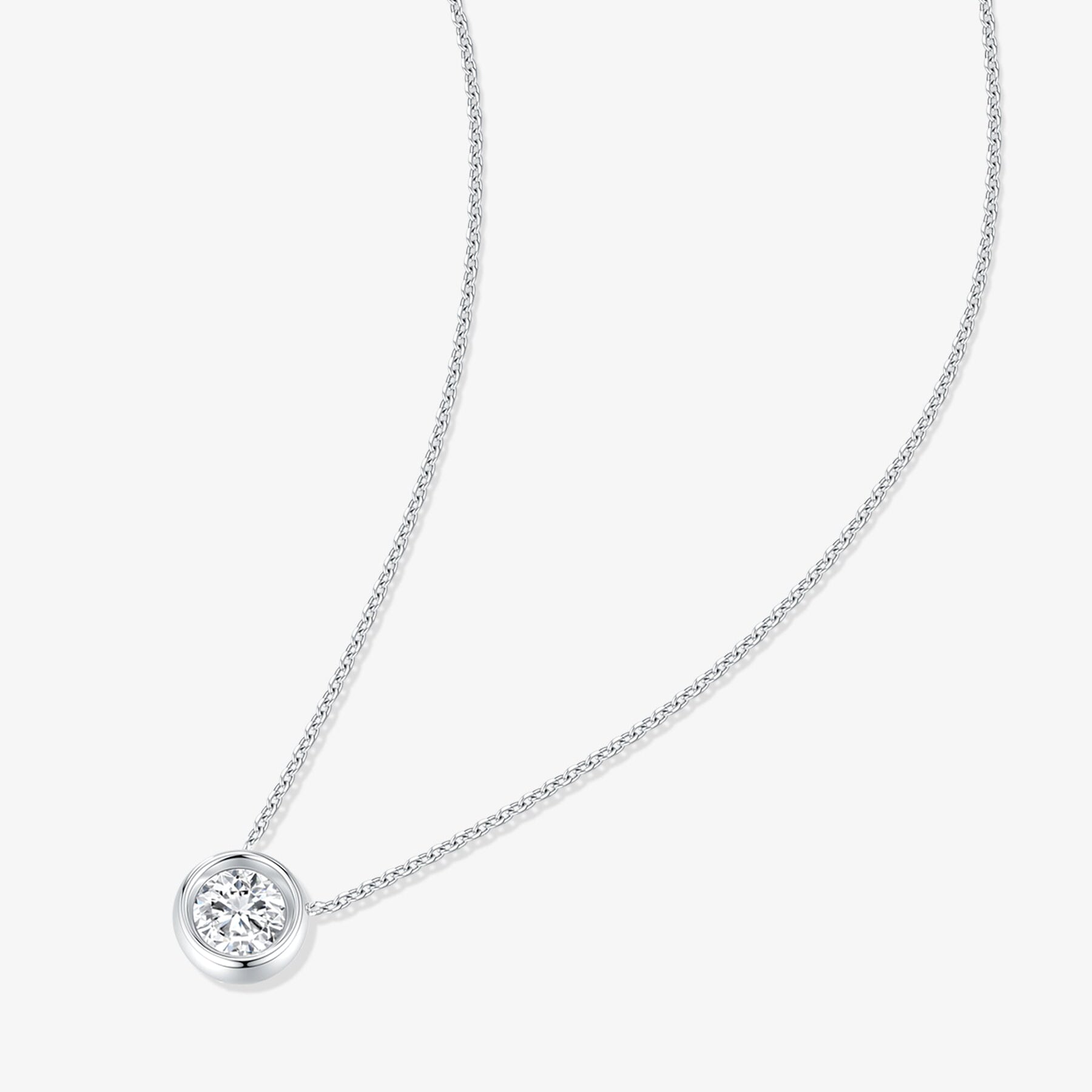 Full view of the Classic Bezel lab-grown diamond pendant necklace with a round brilliant diamond pendant