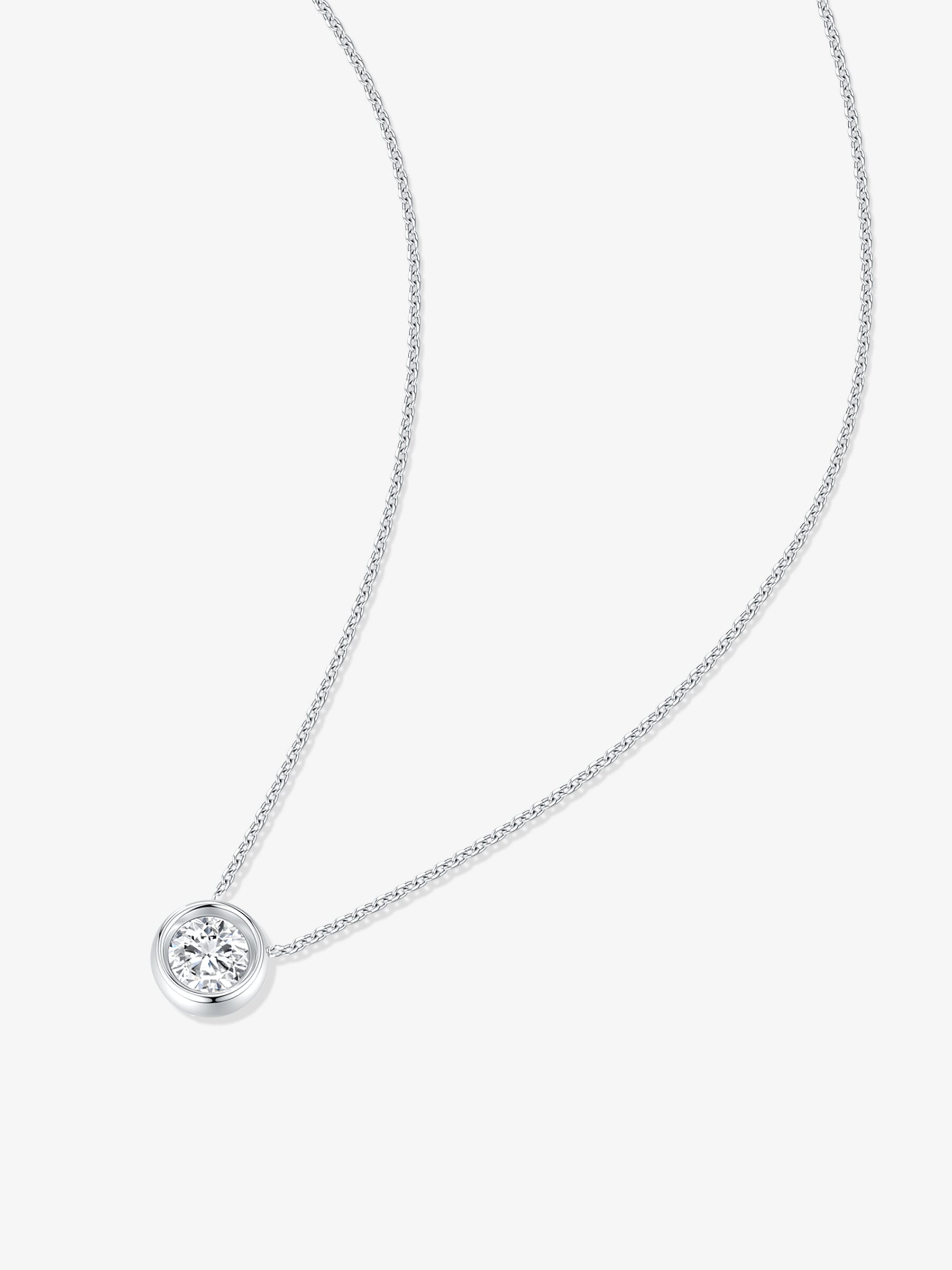 Full view of the Classic Bezel lab-grown diamond pendant necklace with a round brilliant diamond pendant