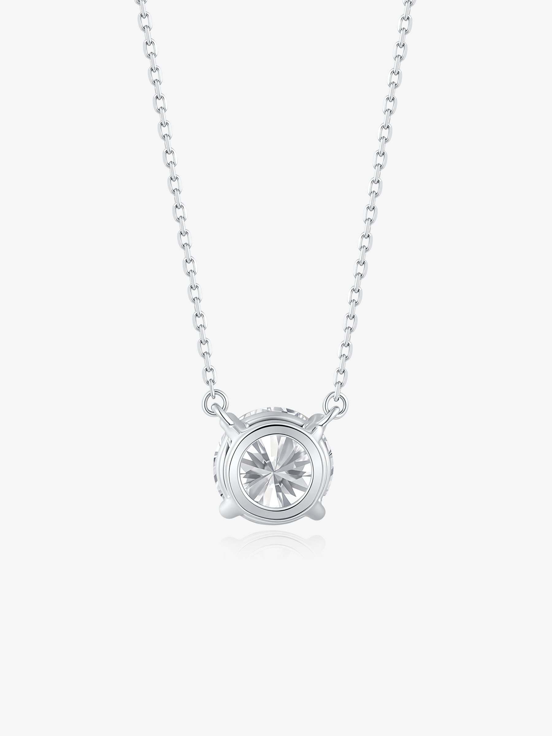 Back view of the Classic Solitaire round lab-grown diamond pendant necklace showing the four-prong setting