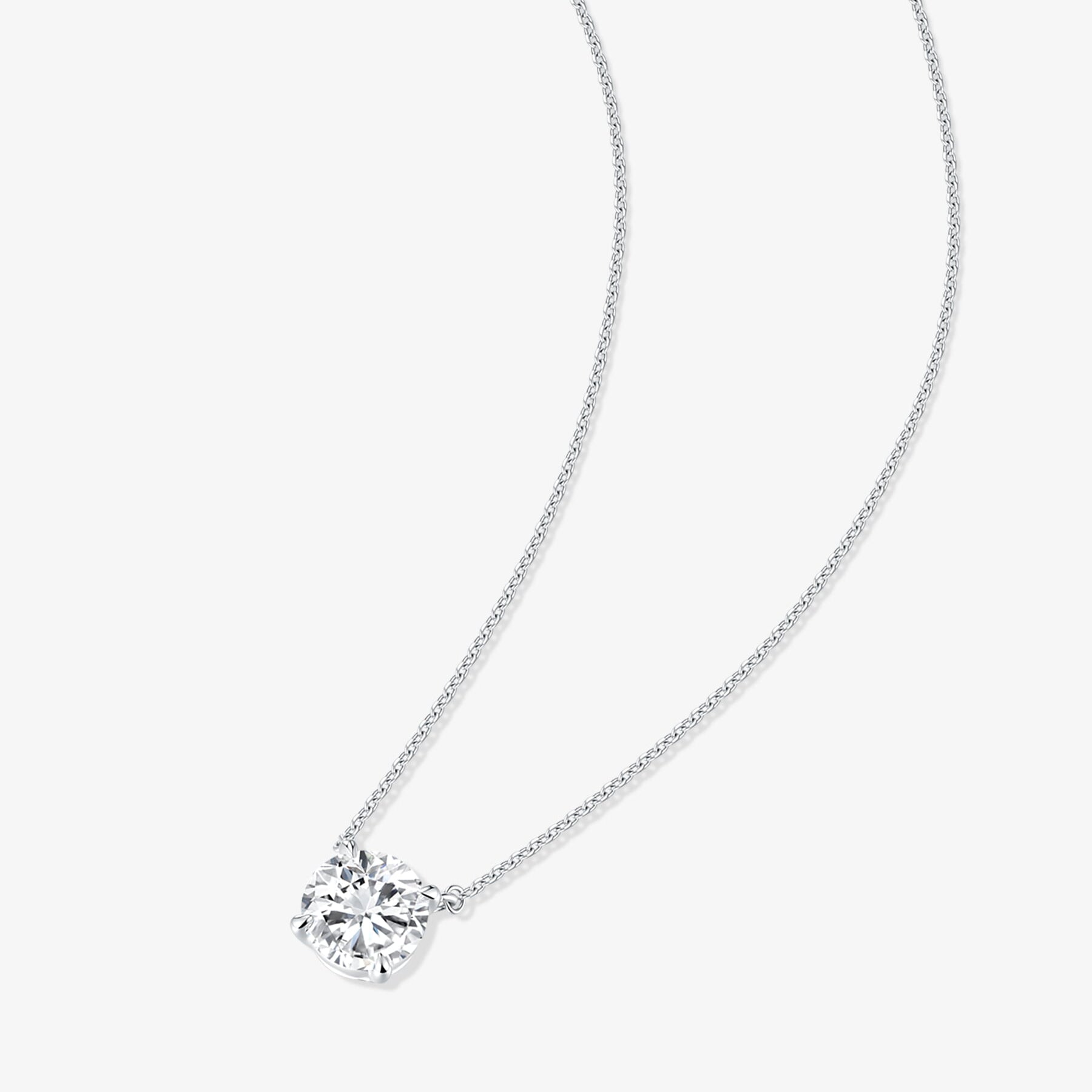 Full view of the Classic Solitaire round lab-grown diamond pendant necklace with a round brilliant diamond