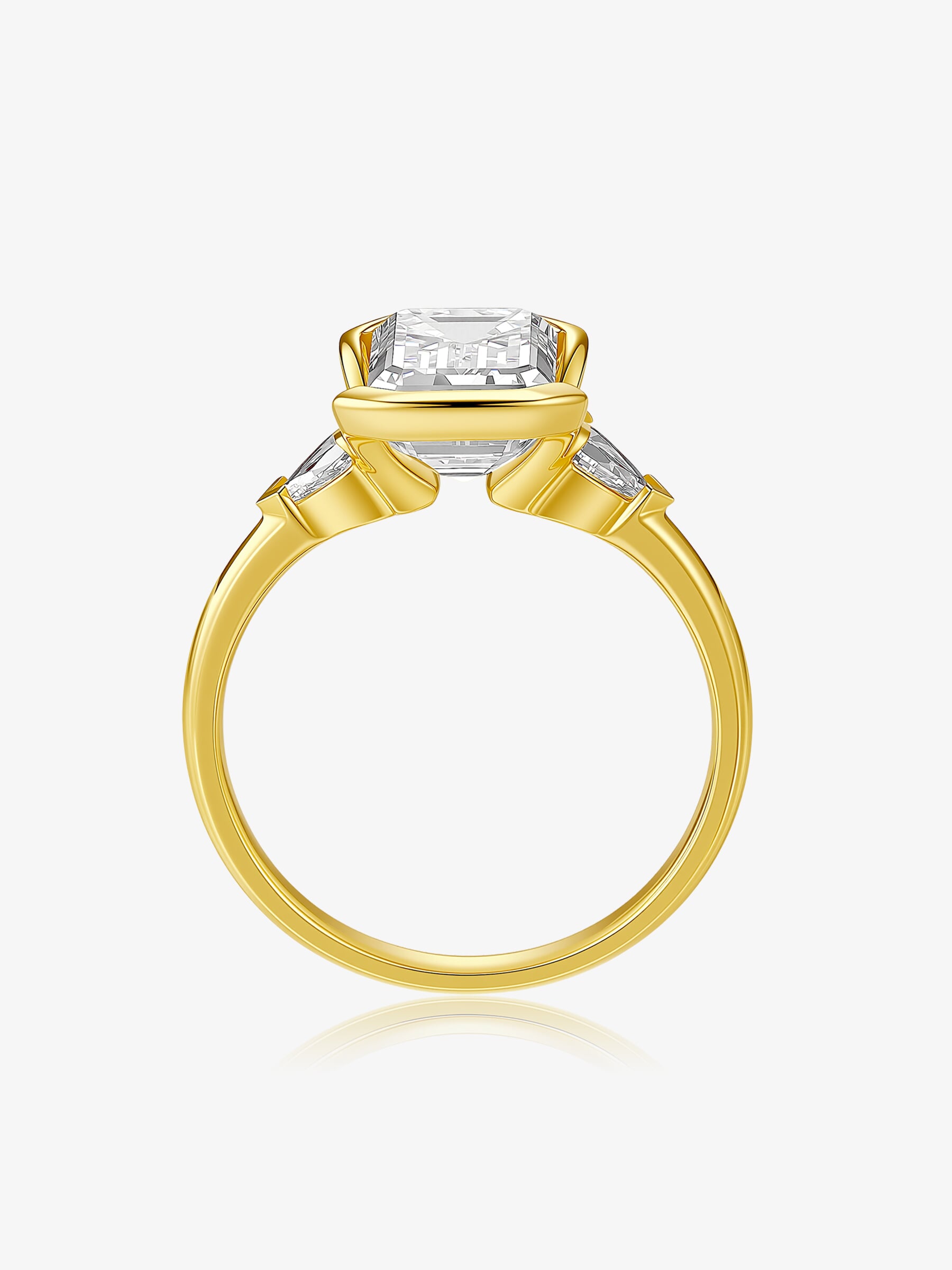 Side view of the Emerald Heirloom Trio lab-grown diamond engagement ring showing the sculpted bezel-style setting