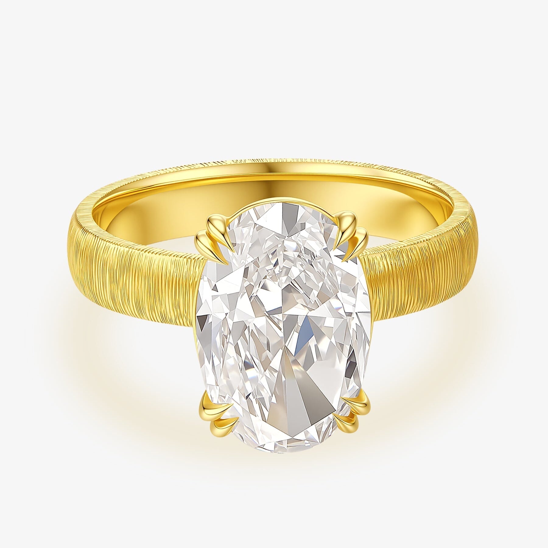 Front view of the Golden Oval solitaire lab-grown diamond engagement ring with a textured yellow gold band