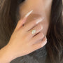 Model wearing the Golden Oval solitaire lab-grown diamond engagement ring with an oval-cut center diamond