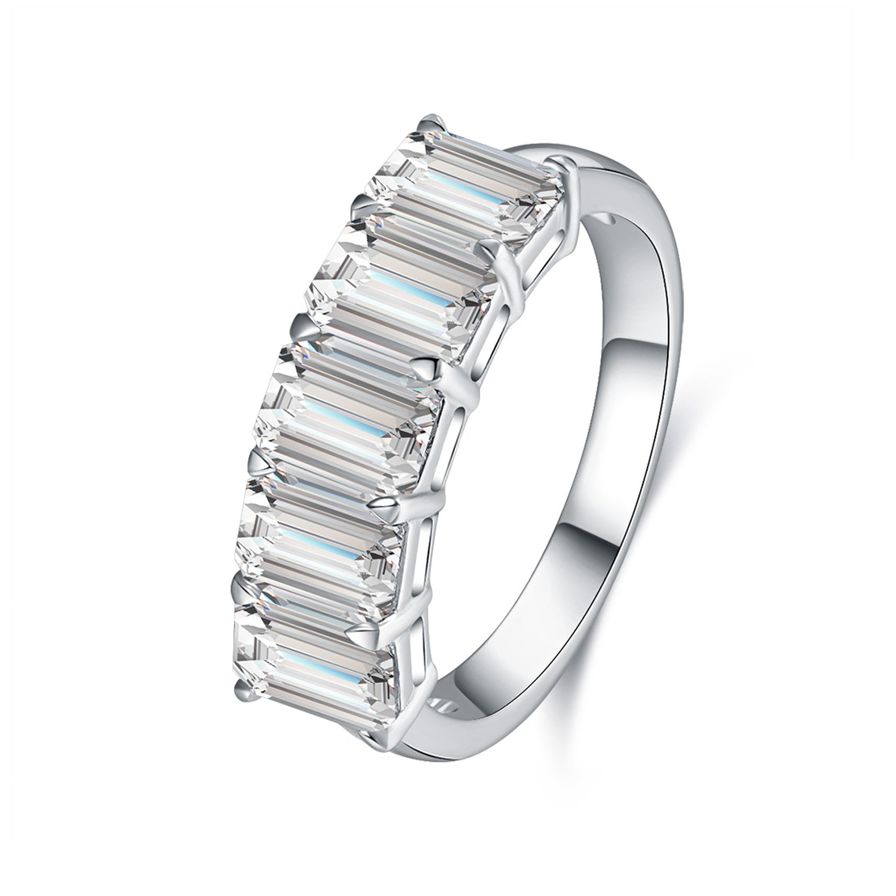 Angled view of the Luminous Five emerald cut lab-grown diamond band ring in a polished white metal setting