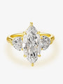 Front view of the Marquise Grace Trio lab-grown diamond engagement ring with a marquise-cut center diamond and heart-shaped side diamonds