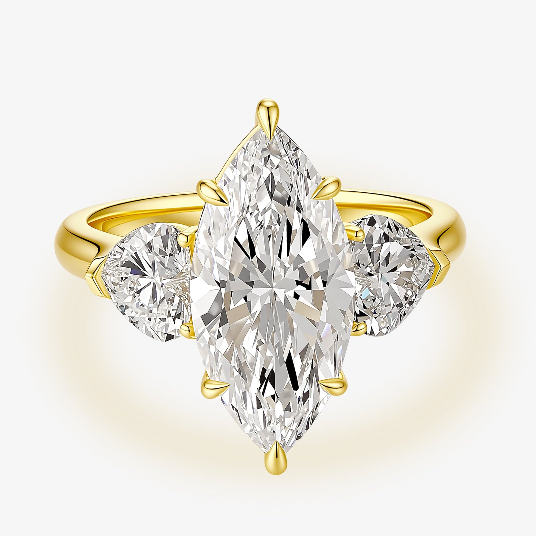 Front view of the Marquise Grace Trio lab-grown diamond engagement ring with a marquise-cut center diamond and heart-shaped side diamonds