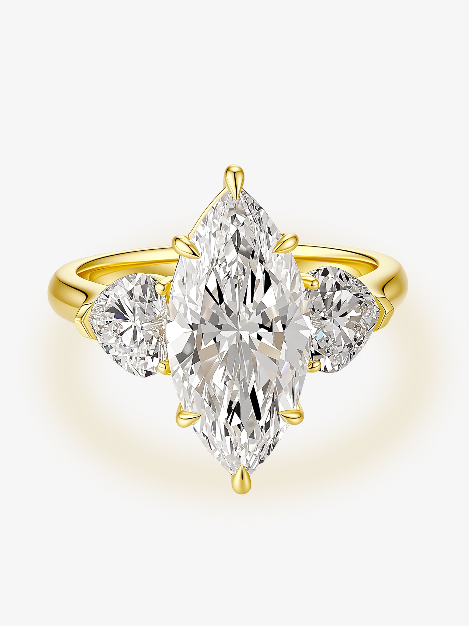Front view of the Marquise Grace Trio lab-grown diamond engagement ring with a marquise-cut center diamond and heart-shaped side diamonds