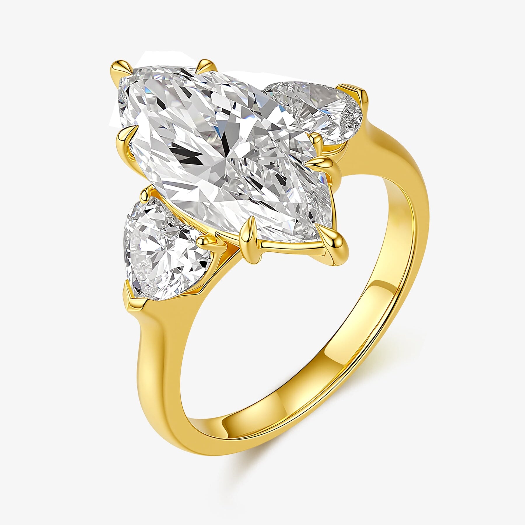 Marquise Grace Trio lab-grown diamond engagement ring with a marquise-cut center diamond and heart-shaped side stones in a warm gold setting