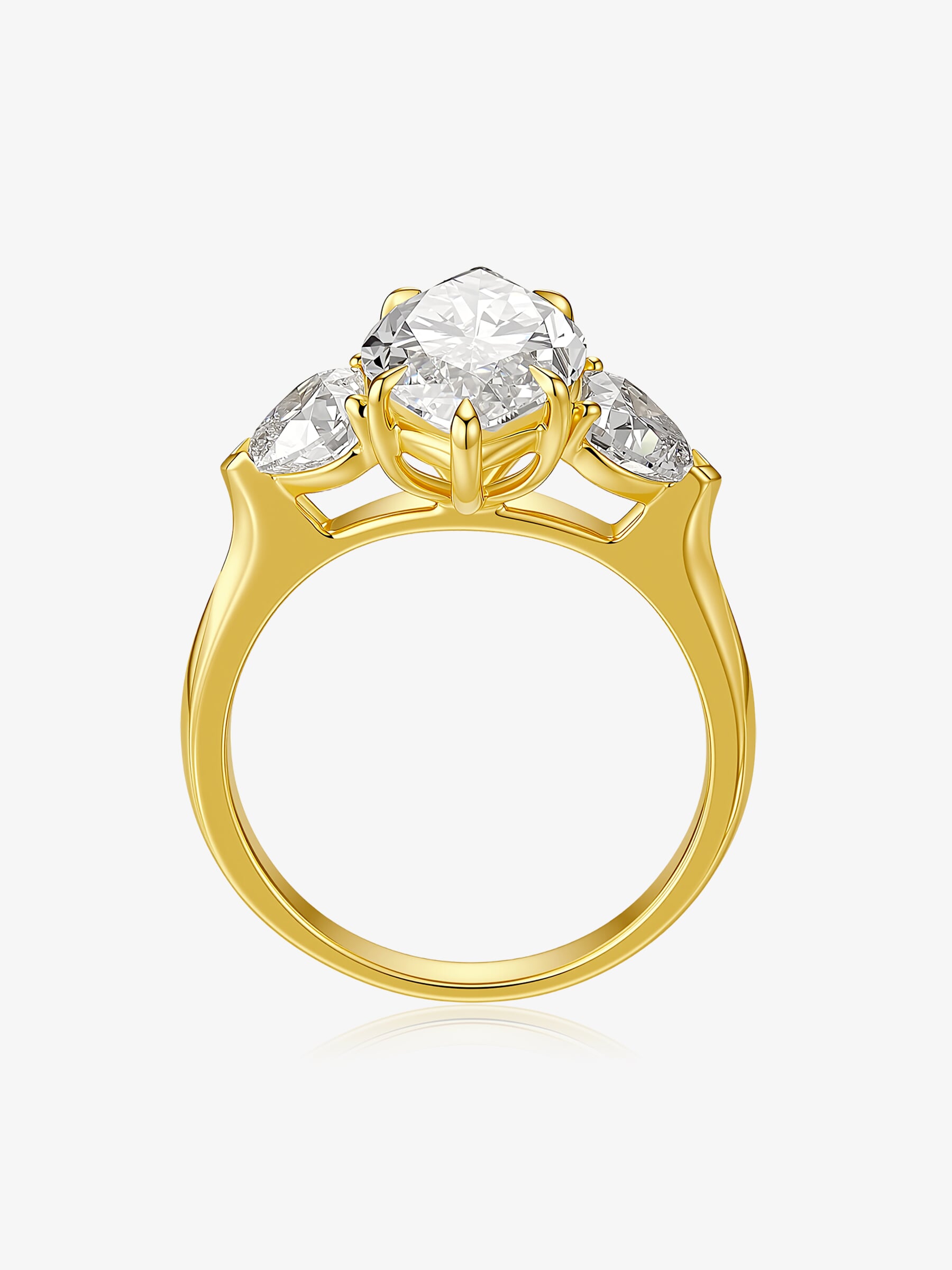 Side view of the Marquise Grace Trio lab-grown diamond engagement ring showing the marquise center diamond and heart-shaped side stones