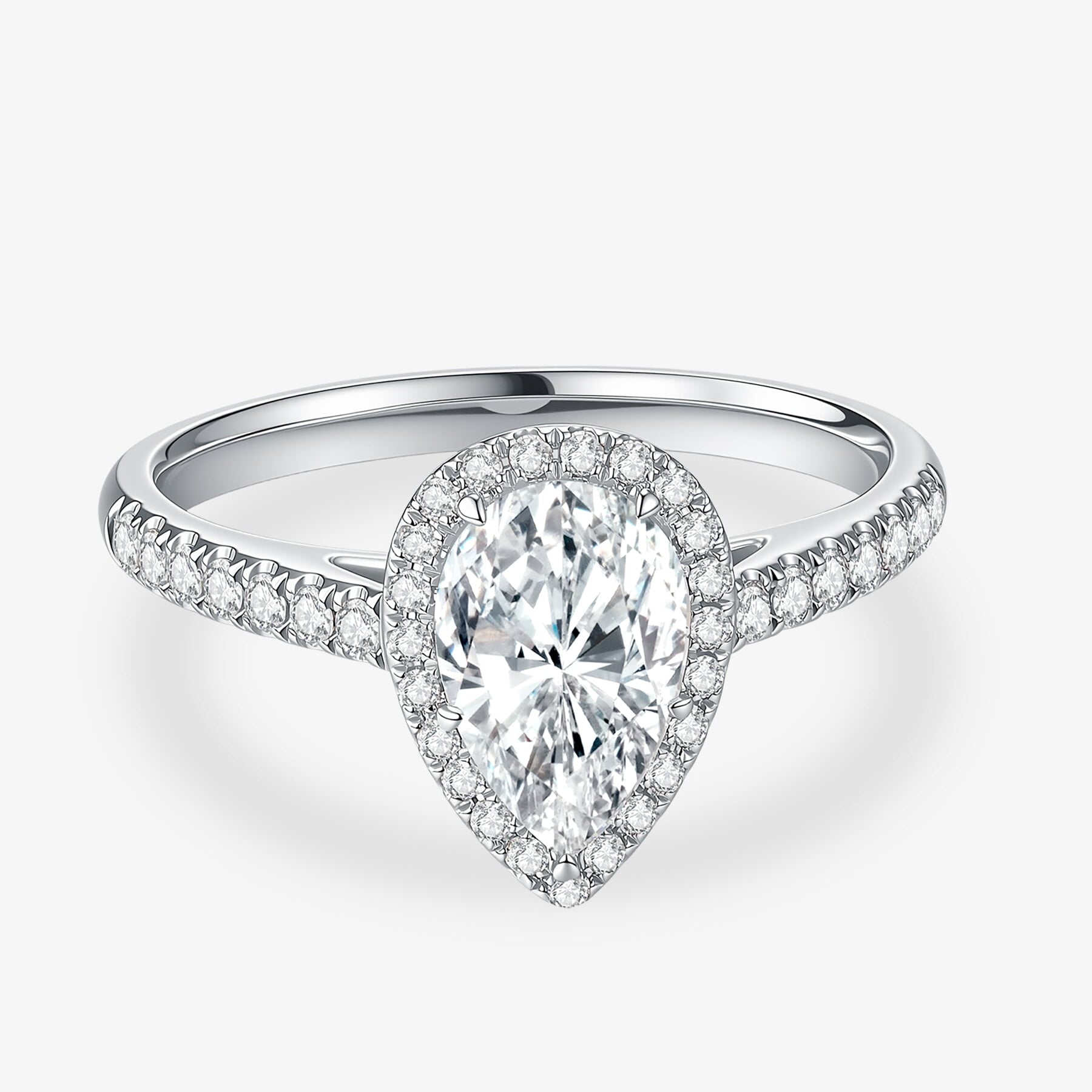 Front view of the Pear Halo lab-grown diamond engagement ring with a pear-cut center diamond and round diamond halo