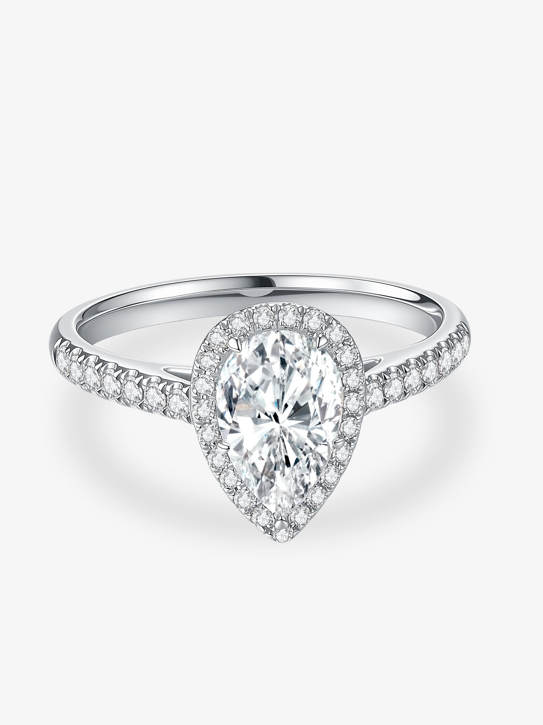 Front view of the Pear Halo lab-grown diamond engagement ring with a pear-cut center diamond and round diamond halo