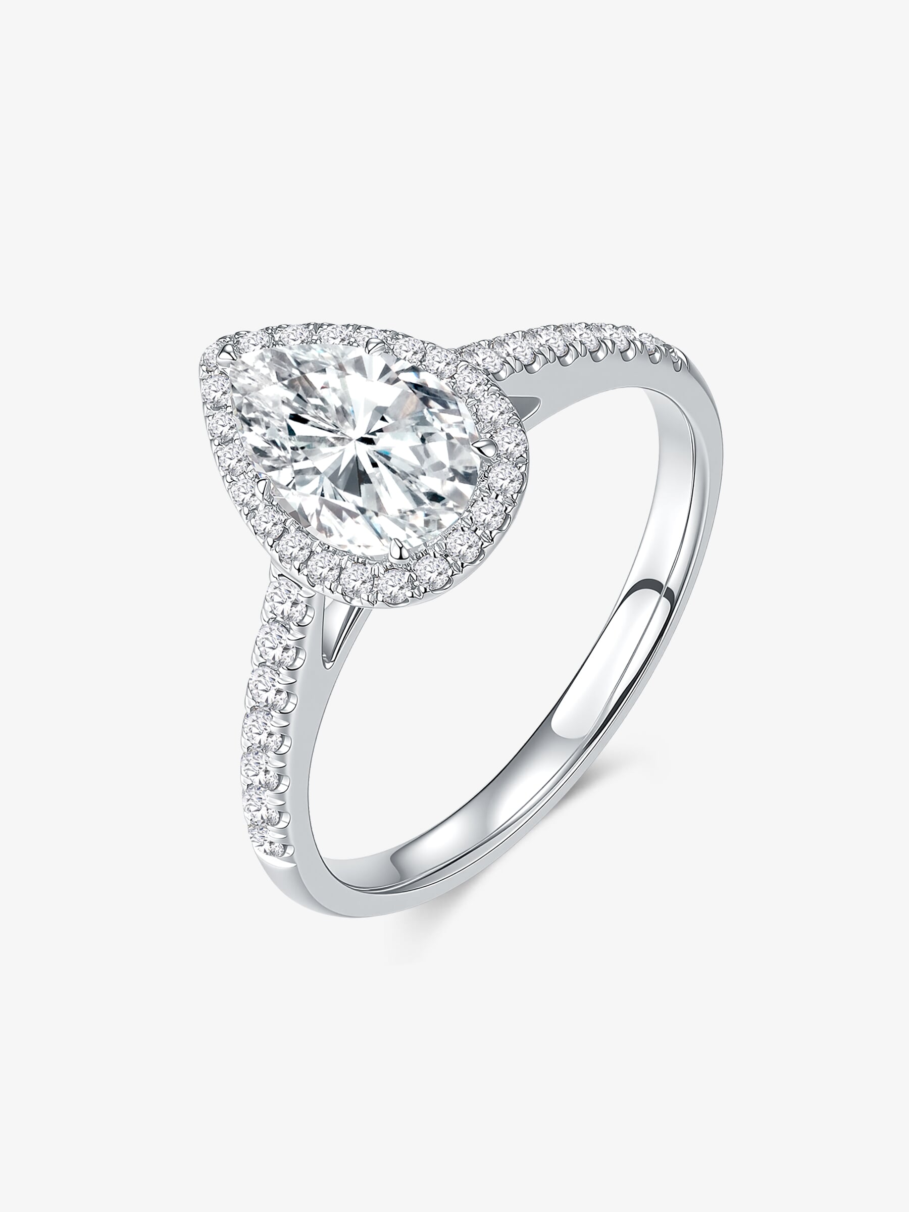 Pear Halo lab-grown diamond engagement ring with a pear-cut center diamond, round diamond halo, and pavé-set band