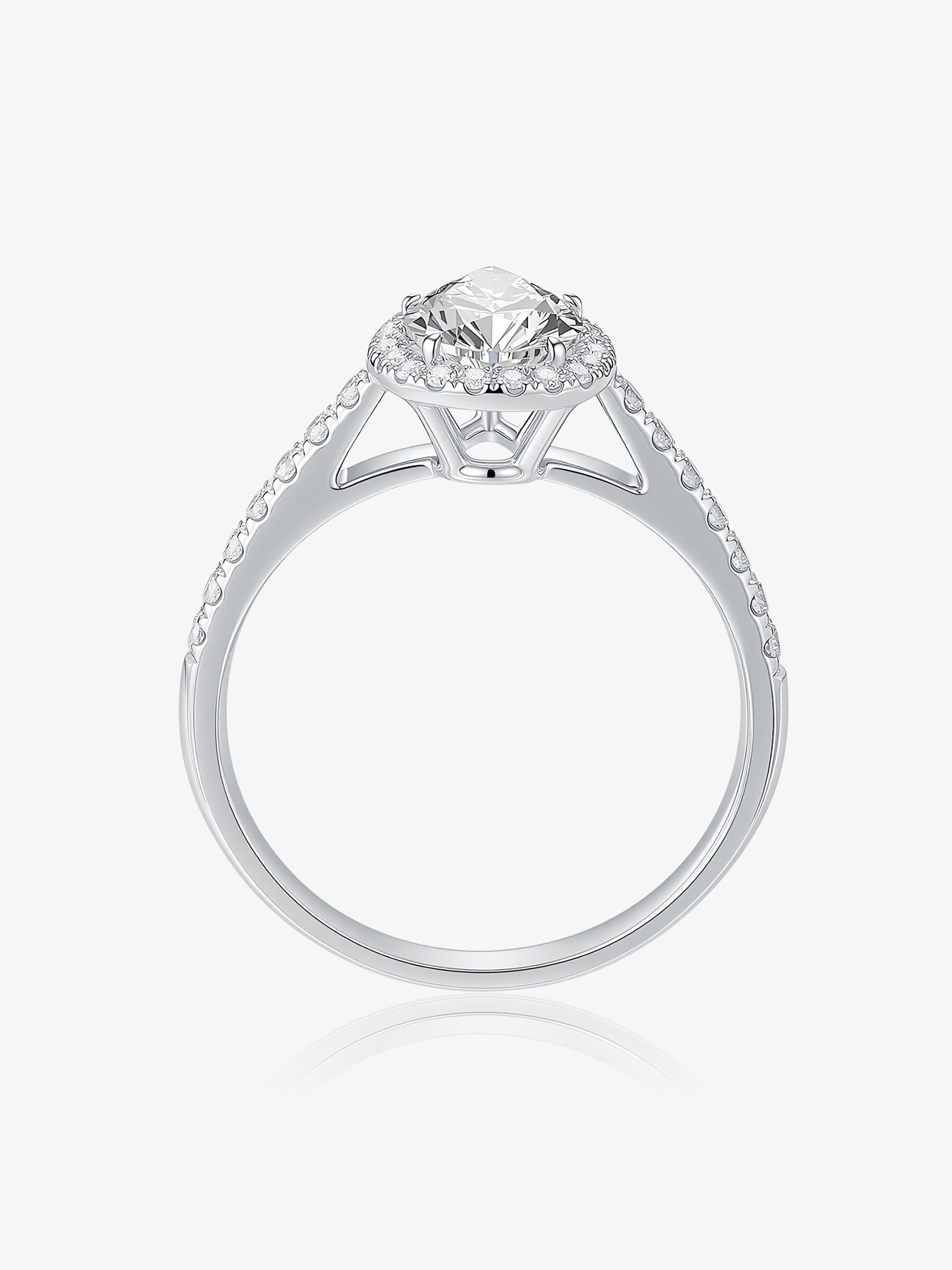 Side view of the Pear Halo lab-grown diamond engagement ring showing the raised halo setting and pavé band