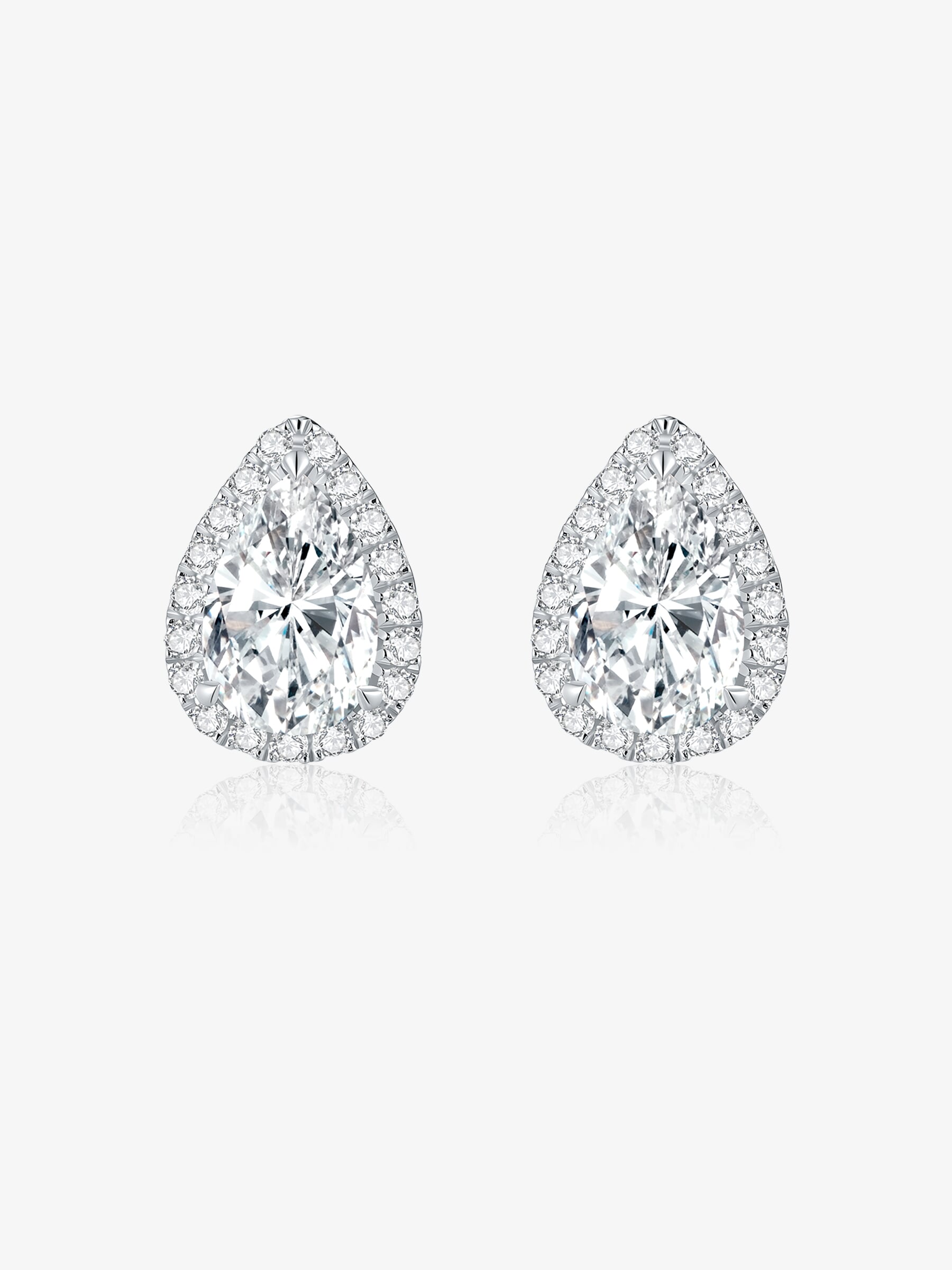 Pear Halo lab-grown diamond stud earrings with pear-cut center diamonds and delicate round diamond halos