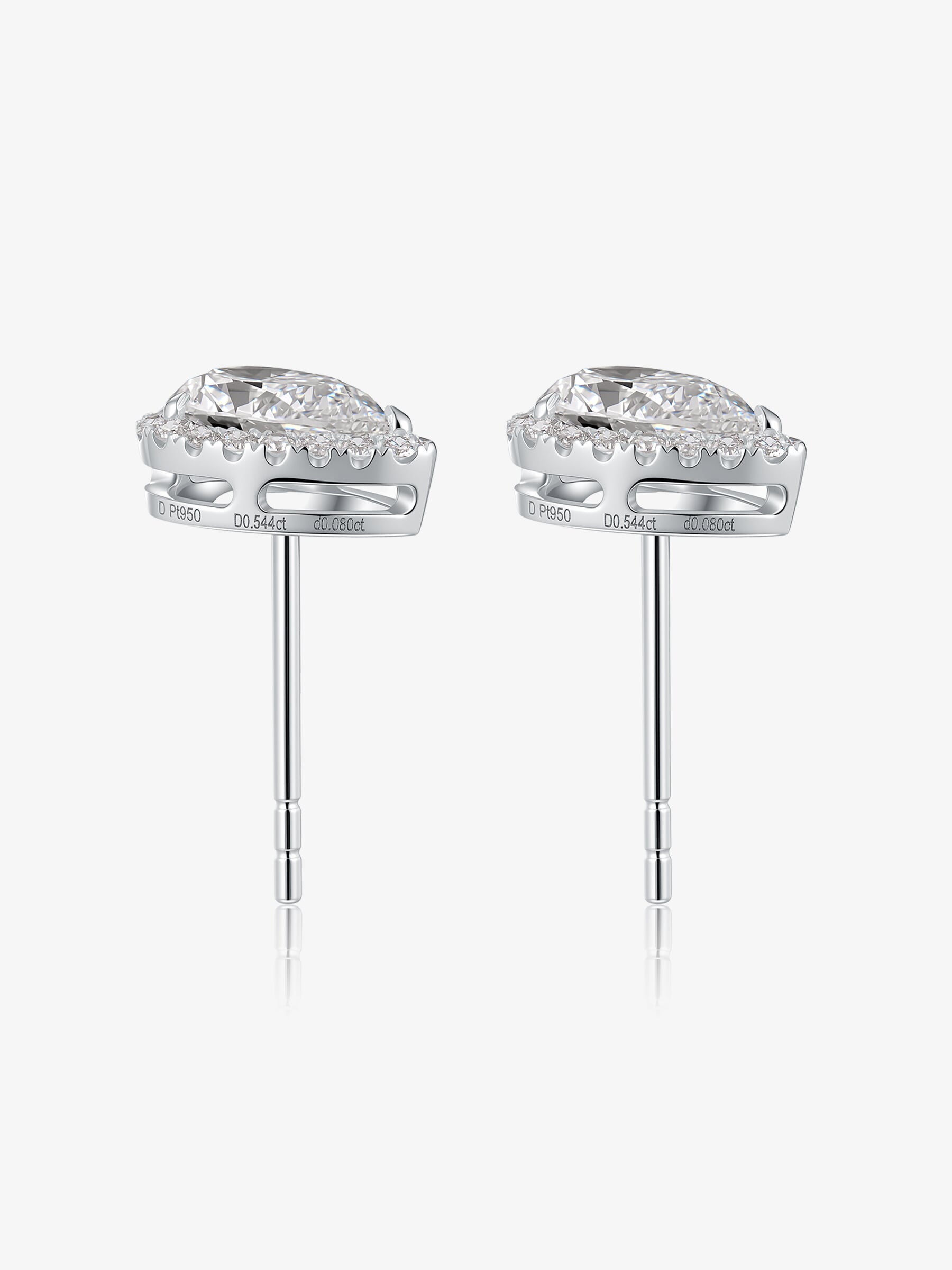 Side view of Pear Halo lab-grown diamond stud earrings showing the pear-cut center diamonds and post backs