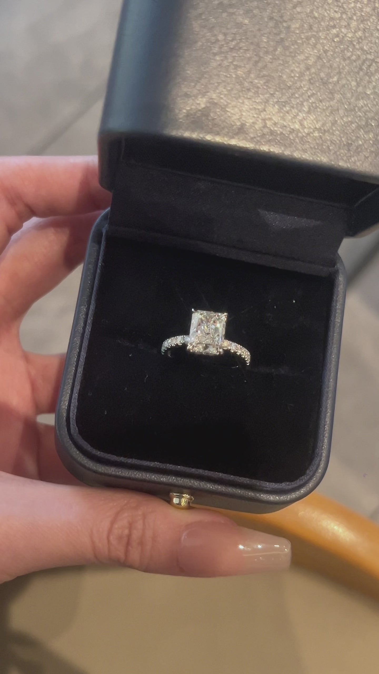 Video of the Radiant Cut Pavé lab-grown diamond engagement ring featuring a radiant-cut center diamond and delicate pavé band