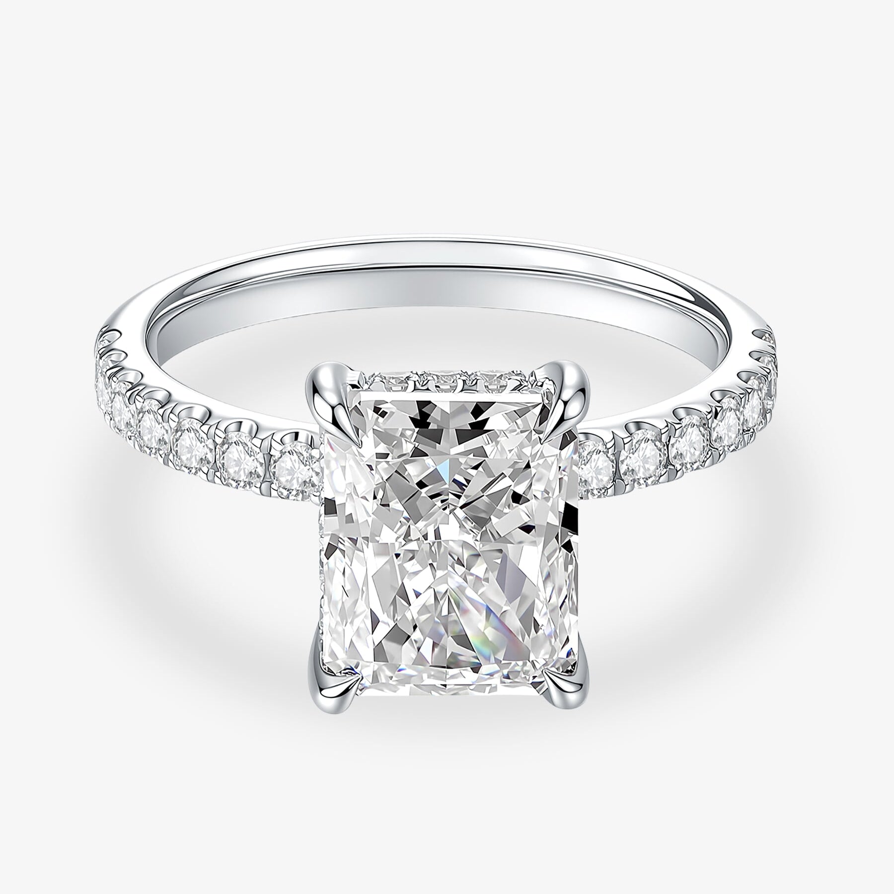 Front view of the Radiant Cut Pavé lab-grown diamond engagement ring with a radiant-cut center diamond and pavé band