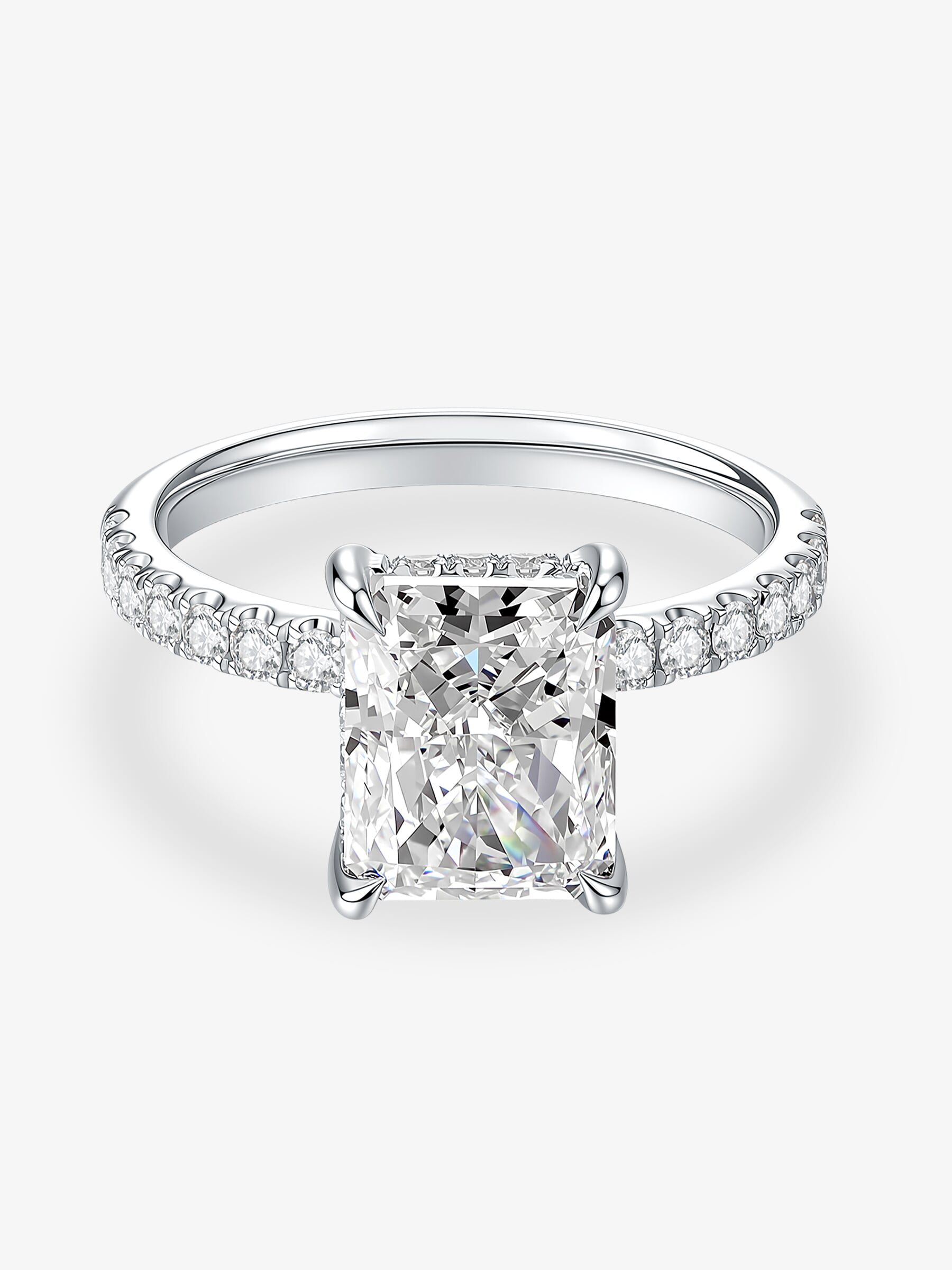Front view of the Radiant Cut Pavé lab-grown diamond engagement ring with a radiant-cut center diamond and pavé band