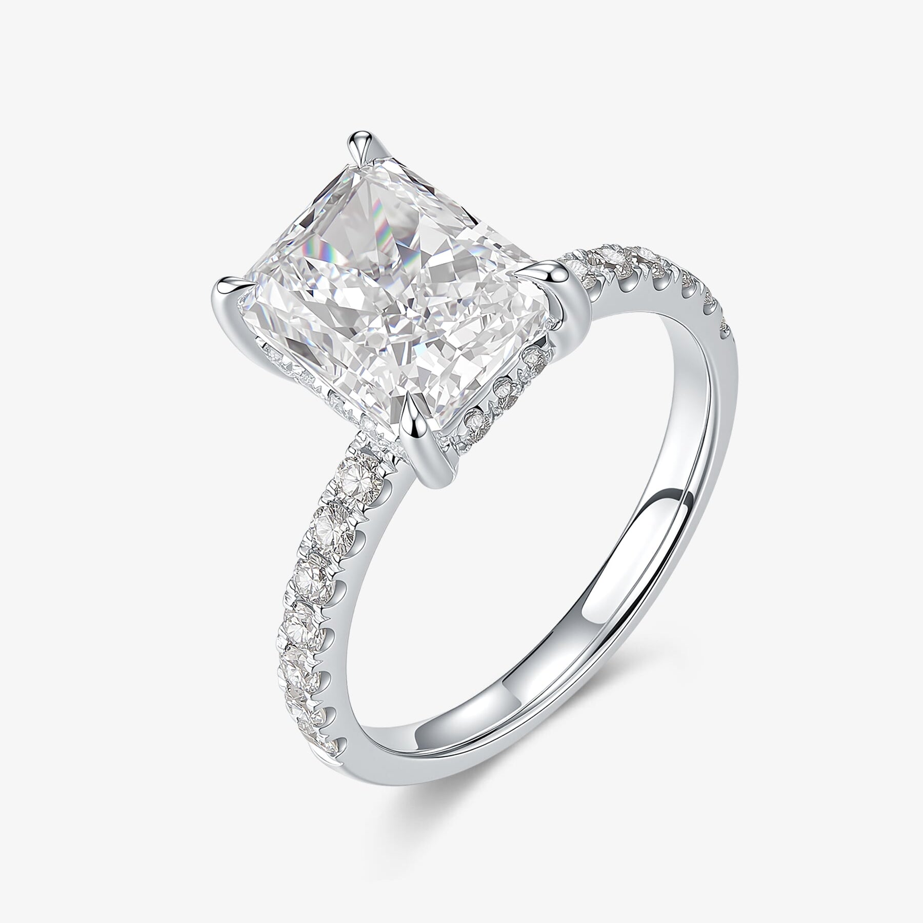 Radiant Cut Pavé lab-grown diamond engagement ring with a radiant-cut center diamond and delicate pavé band