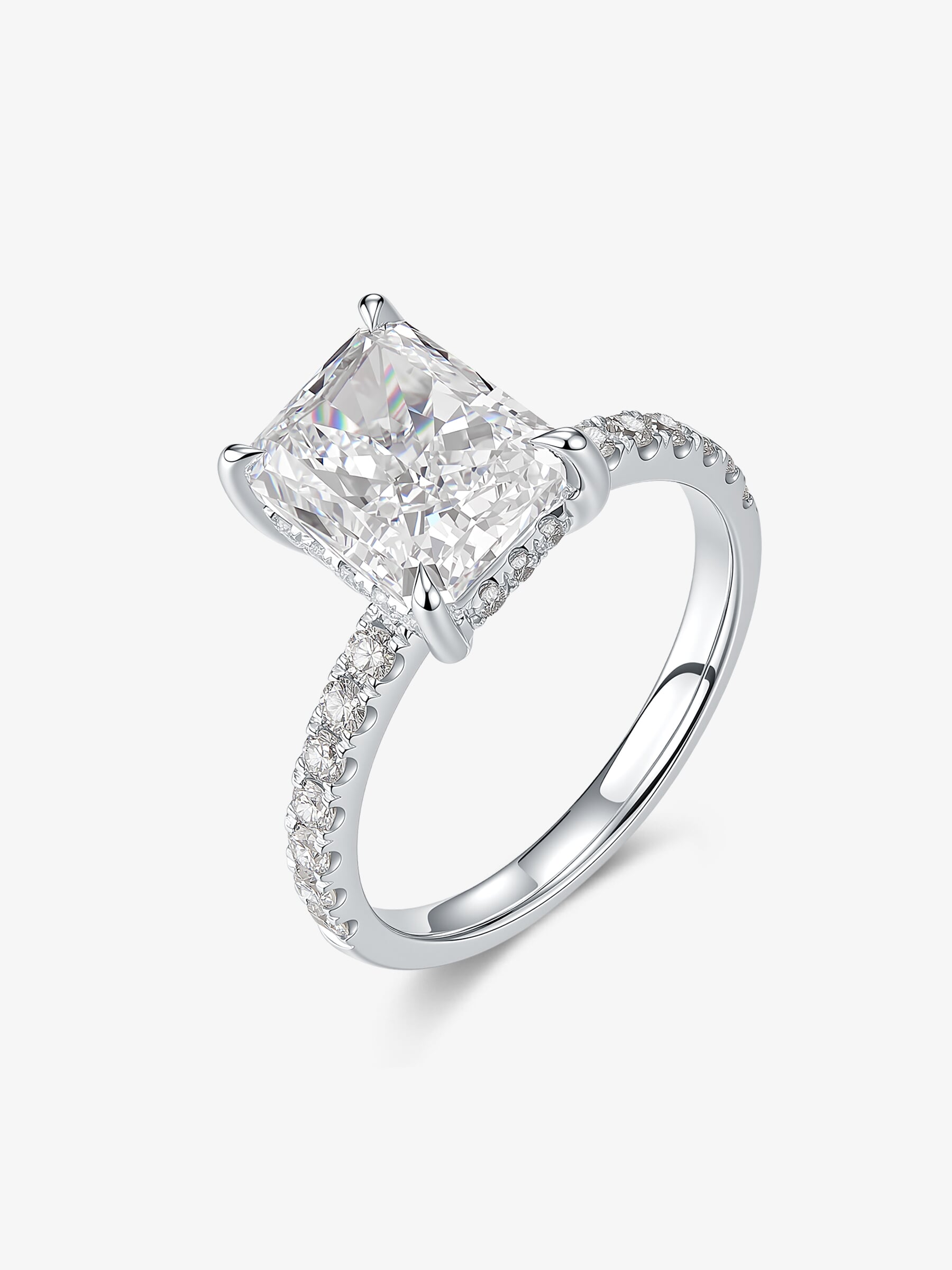 Radiant Cut Pavé lab-grown diamond engagement ring with a radiant-cut center diamond and delicate pavé band