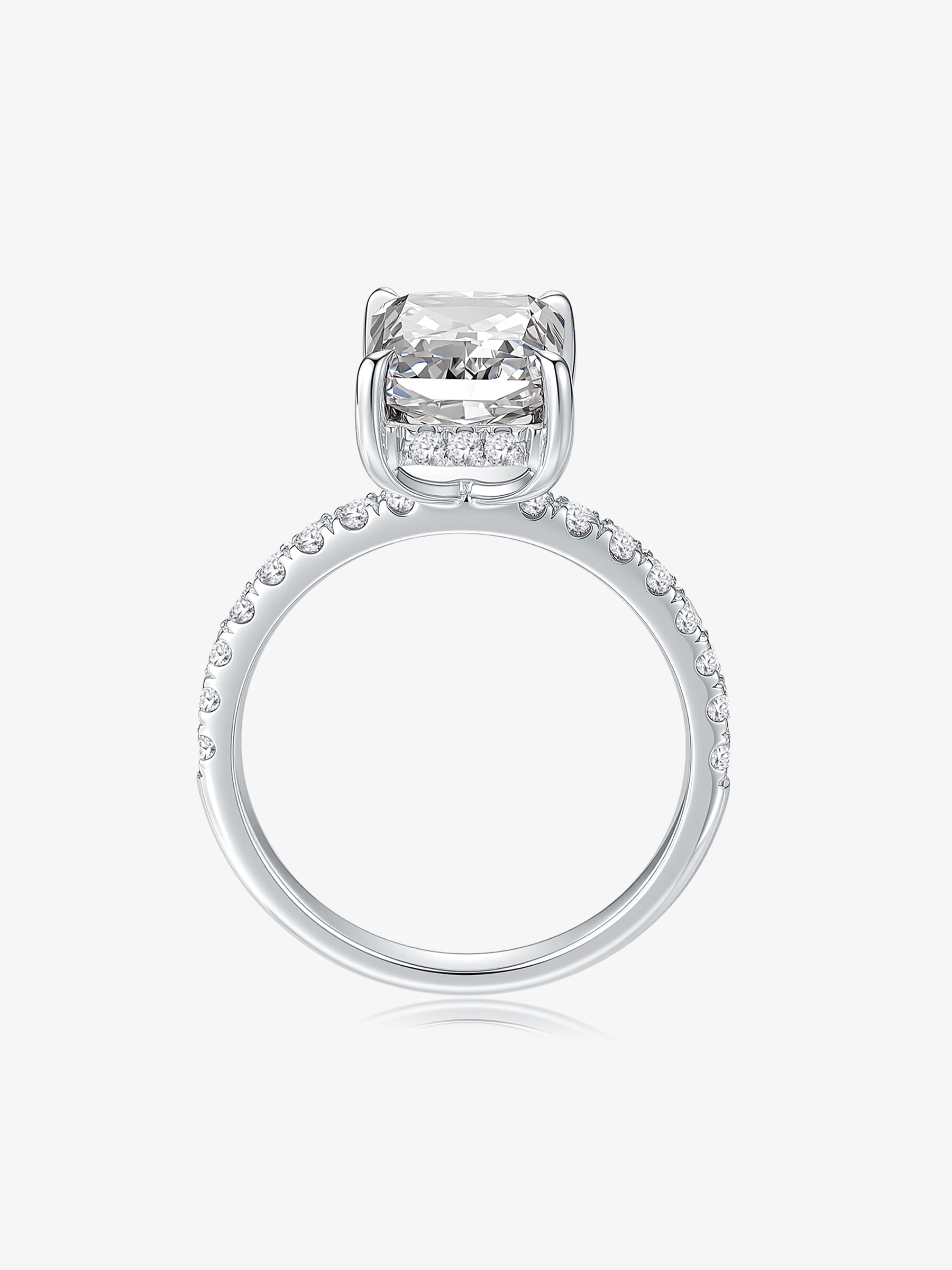 Side view of the Radiant Cut Pavé lab-grown diamond engagement ring showing the raised center diamond and pavé band